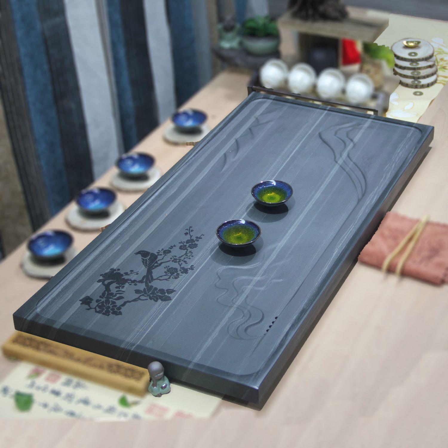 天然原石乌金石茶盘绿檀
