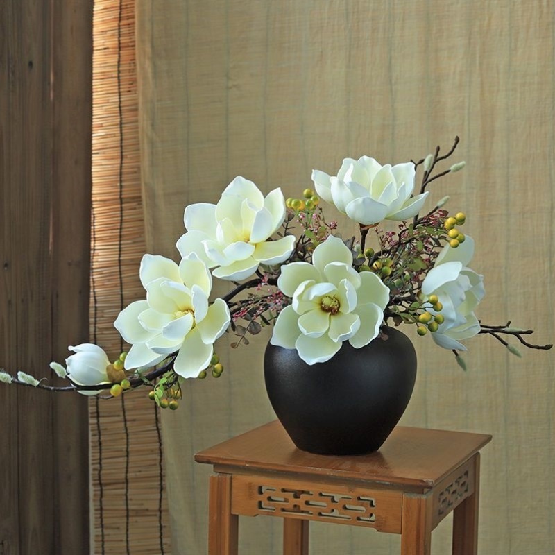 中式仿真莲花玉兰花套装高档酒店大堂室内玄关茶几餐厅假花装饰品