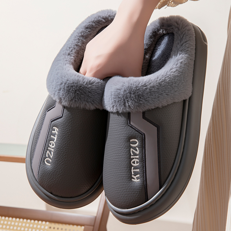 男士棉拖鞋家居室内冬季PU皮面防水厚底防滑加绒保暖皮拖鞋女士