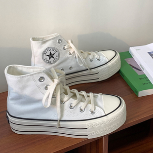 1970白色厚底高帮帆布鞋女ulzzang百搭小白鞋女新款增高板鞋女ins