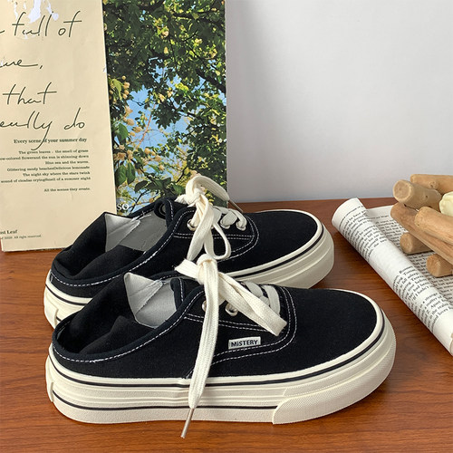 黑色厚底半拖帆布鞋一脚蹬懒人鞋