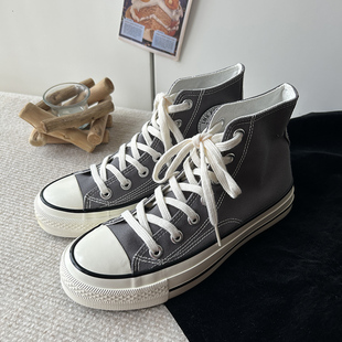 学生潮流板鞋 2026春季 男百搭情侣款 梨花灰色高帮圆标帆布鞋 经典 款