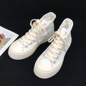 纯白色厚底高帮帆布鞋 女2026春季 小白鞋 新款 女ins学生百搭大头鞋