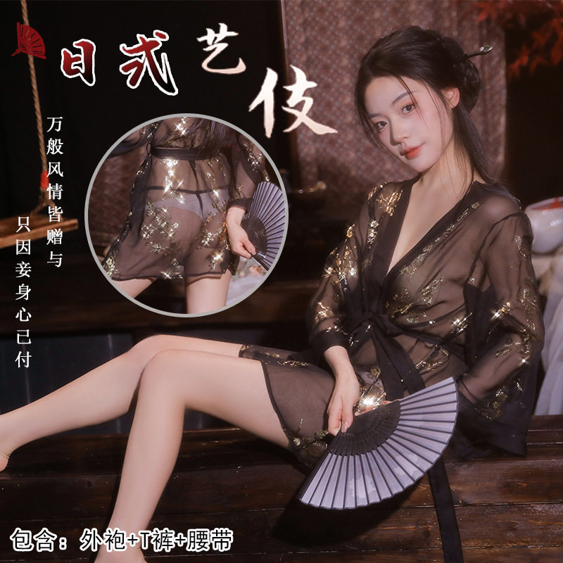 睡衣睡裙内衣鎏金女古风汉服日式和服制服透视网纱套装免脱