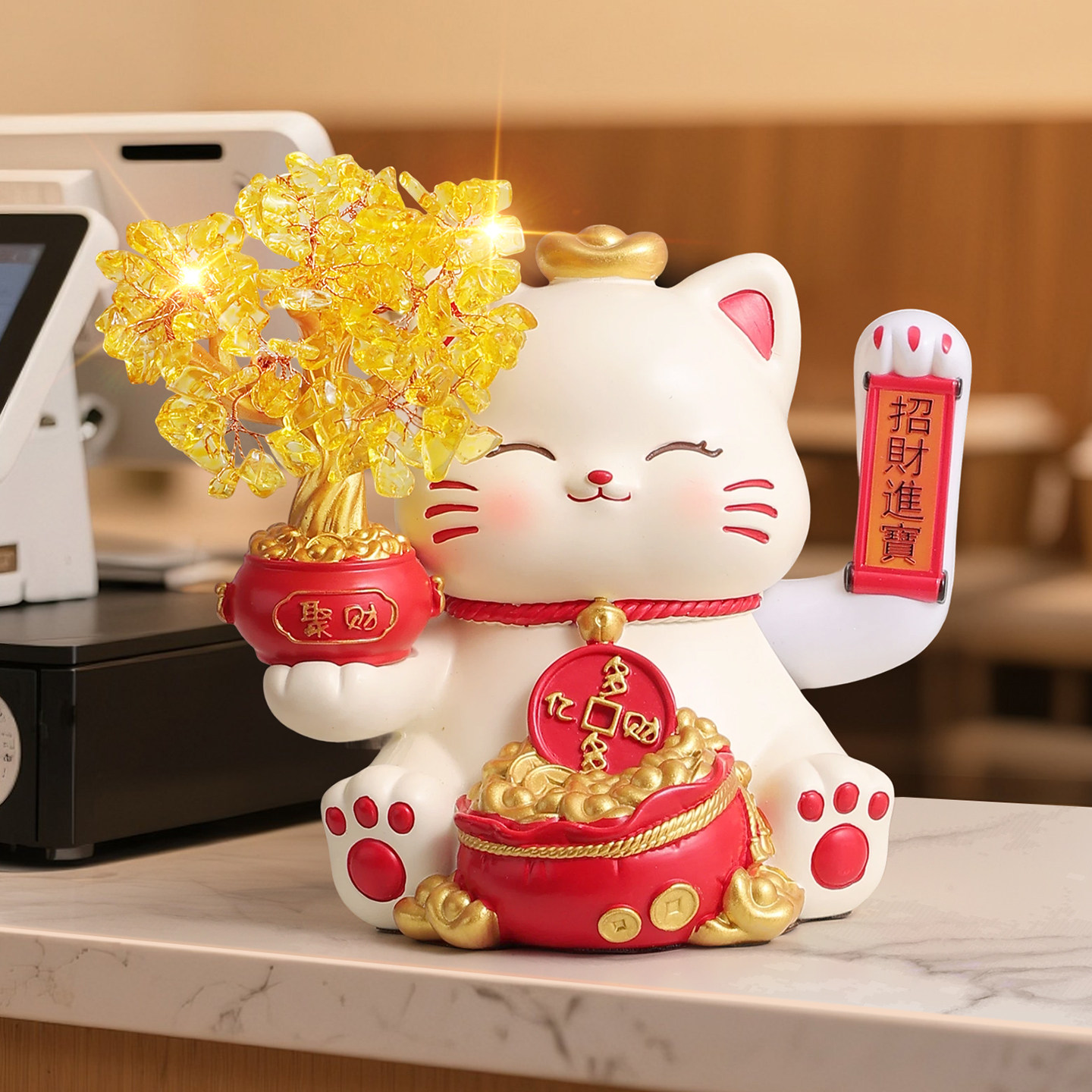 喜庆发财树招财猫摆件