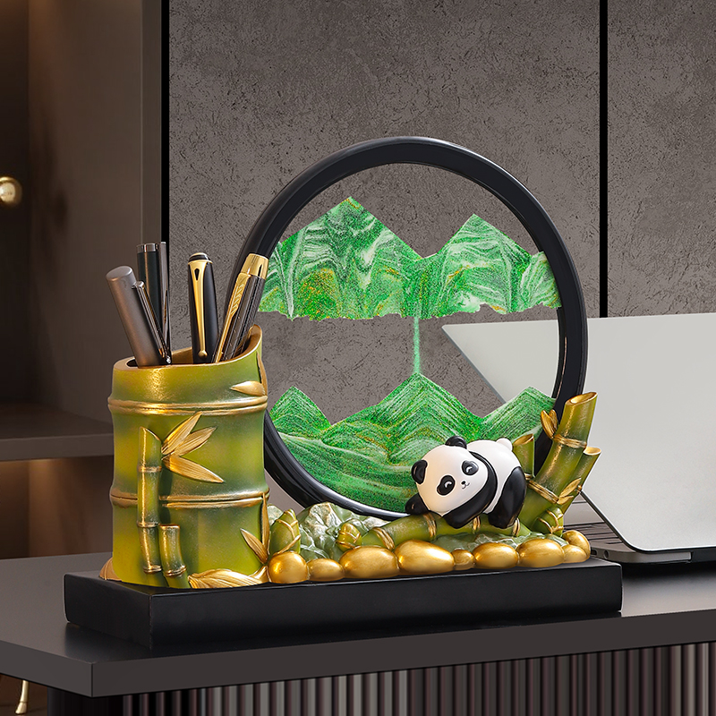 国潮可爱熊猫文创笔筒流沙画摆件办公室高档小众高级感送领导礼物