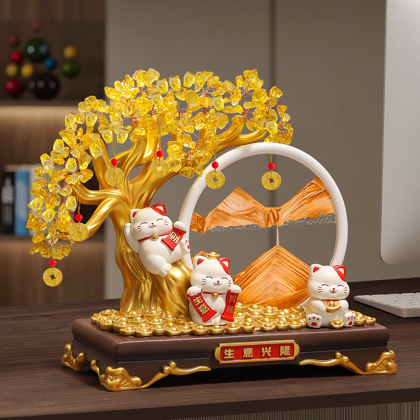 生意兴隆发财树招财猫摆件