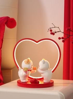 喜庆情侣猫摆件婚房卧室布置喜庆氛围感长明灯装饰送新人新婚礼物