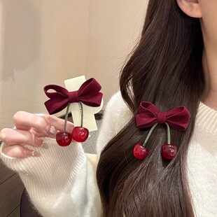 可爱樱桃丝绒蝴蝶结发夹女2026新款甜美儿童刘海夹侧边夹对夹发饰