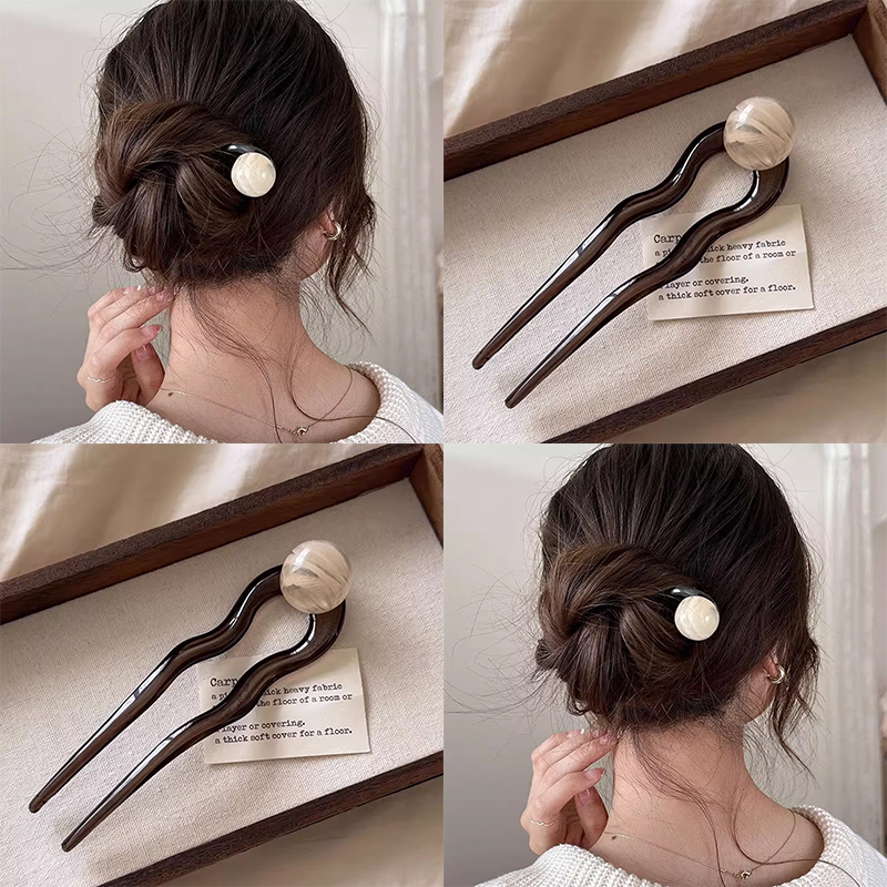 复古简约珠珠U型发簪女2025新款高级感后脑勺丸子头发钗簪子头饰