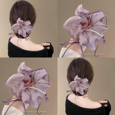 超仙珍珠雪纺飘带大肠发圈女2025新款高级感发绳超大头圈百搭发饰