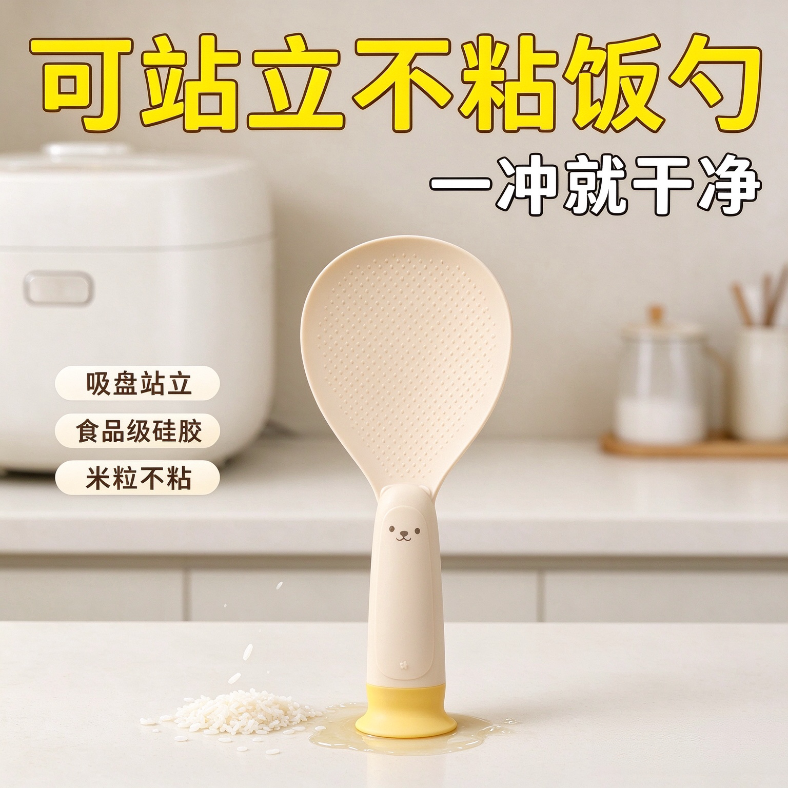 吸盘式厨房小熊饭勺可立式不粘米