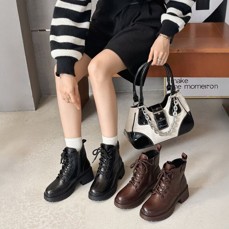 马丁靴女款2025新款冬季真皮加绒机车靴工装靴英伦风短靴女粗跟