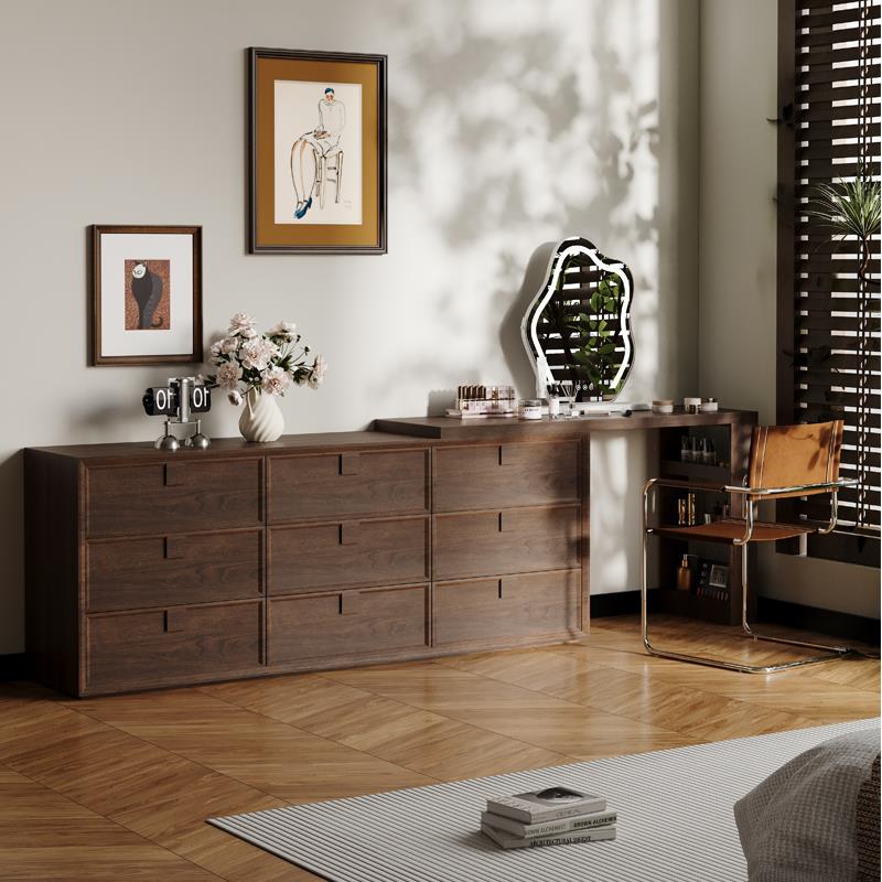 胡桃木梳妆台斗柜一体床尾柜实木转角化妆桌中古小户型卧室收纳柜