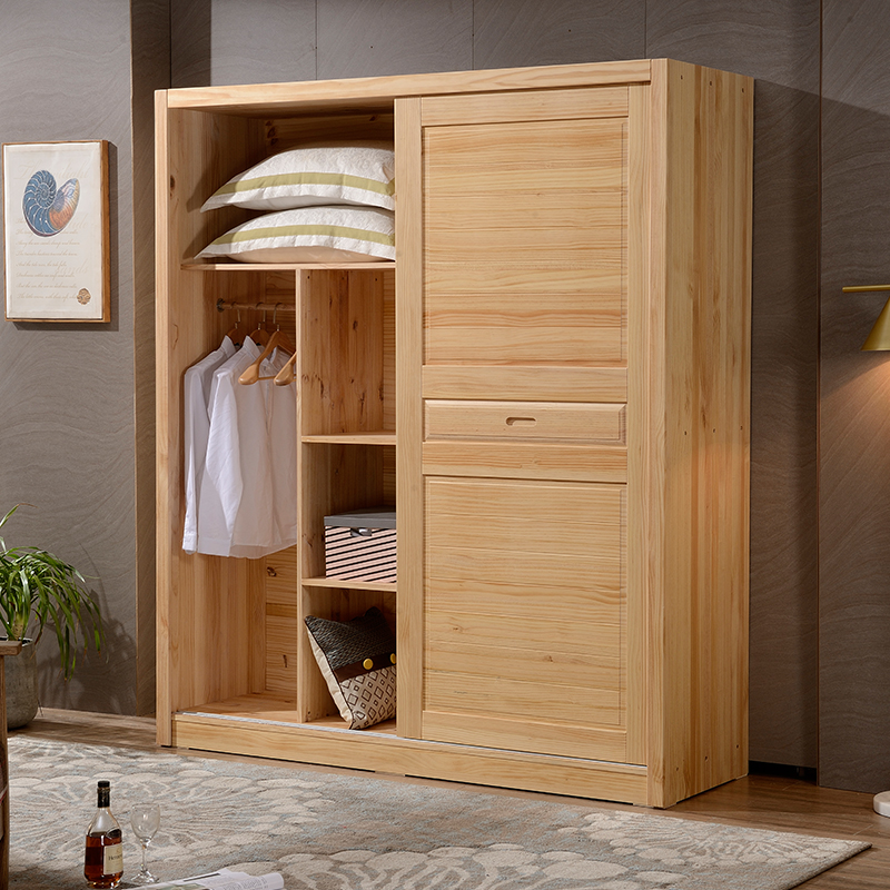 松木衣柜实木推拉门衣柜原木3门顶柜简约儿童衣橱储物柜移门环保