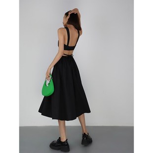 ousph 黑色半身裙女2024夏季高腰中长款a字裙吊带背心套装两件套