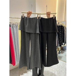 大码设计感假两件屁帘微喇裤女2025春季新款高腰显瘦直筒休闲长裤