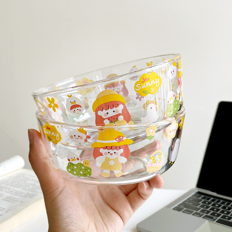 卡通玻璃碗高颜值耐高温小碗家用餐具套装汤碗饭碗水果沙拉碗