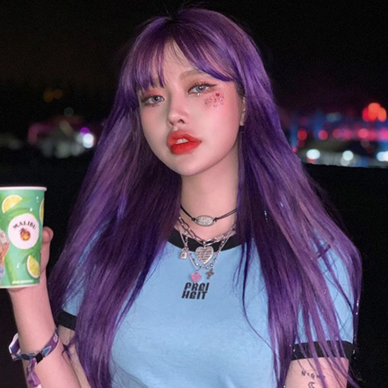 网红假发女长发日常冷紫色长直发lolita藏蓝色红空气刘海彩色发套