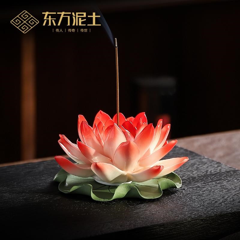 东方泥土釉下彩莲花摆件中式陶瓷客厅室内玄关装饰工艺品线香香插