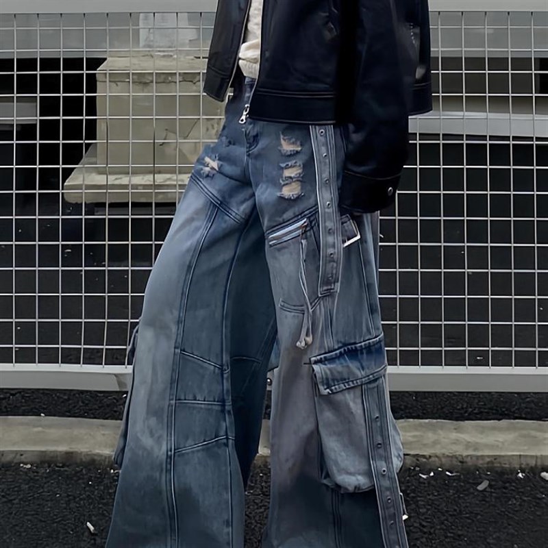 大码美式街头解构多口袋工装牛仔裤女秋冬新款磨破宽松垂感拖地裤