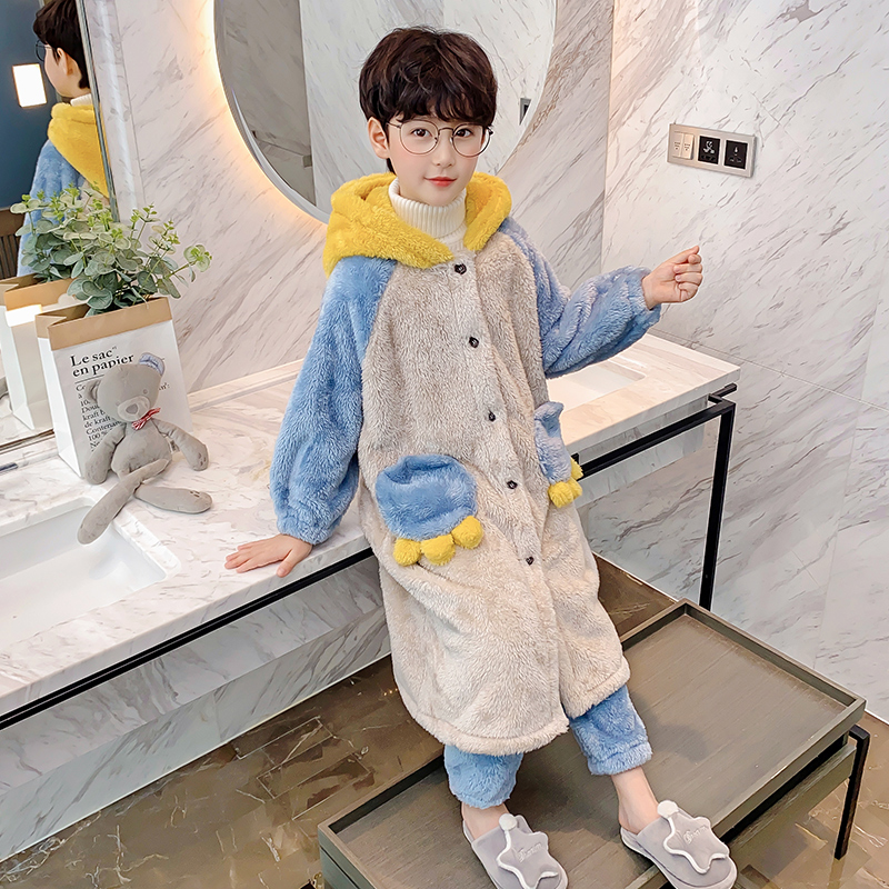 儿童睡衣套装珊瑚绒秋冬季法兰绒男童孩加厚款恐龙连帽睡袍家居服