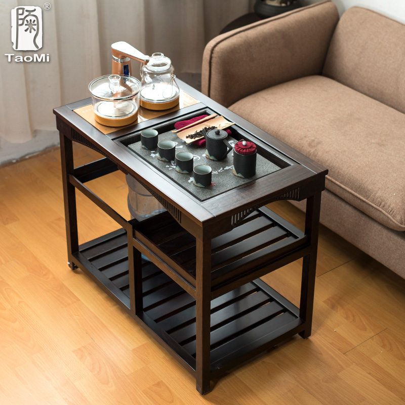 陶迷黑檀实木茶车带轮移动整套功夫茶具茶盘自动大号茶水柜茶吧机