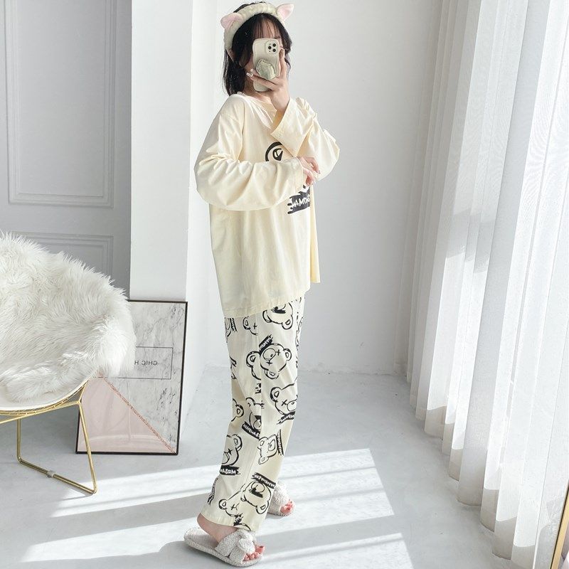 长袖长裤情侣纯棉卡通睡衣春夏大码两件套简约胖mm男女宽松家居服