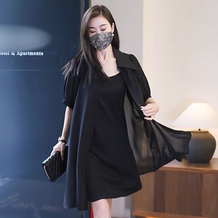 高级感黑色中长款雪纺衬衫连衣裙套装大码女装显瘦吊带裙两件套女