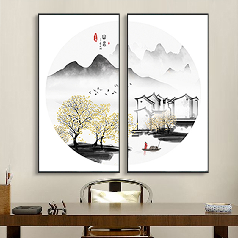 新中式装饰画半圆双联组合挂画禅意客厅背景书房玄关茶室圆形壁画图片