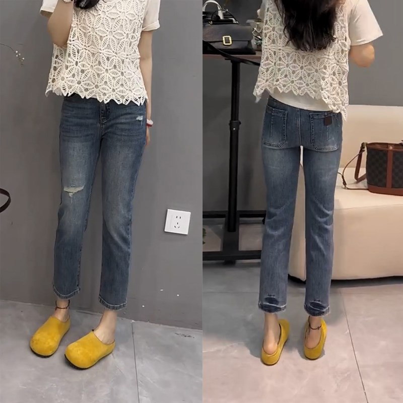 2025春夏季新款大码高腰弹力假破洞九分牛仔裤胖mm显瘦直筒烟管裤