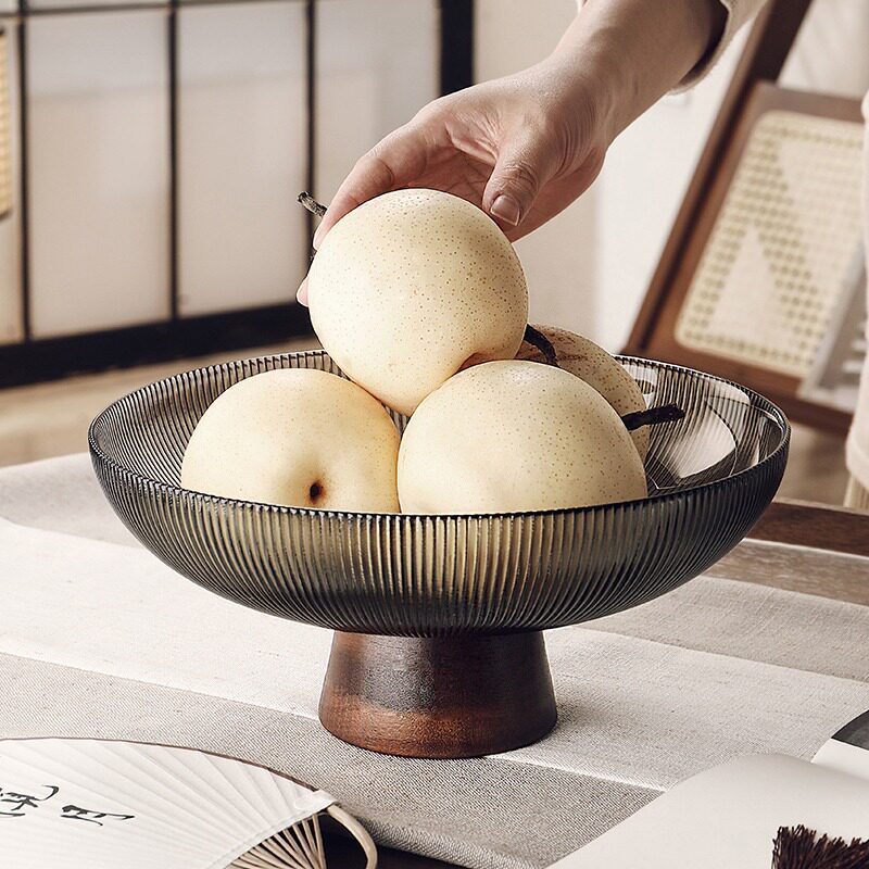 高级感新中式高脚玻璃水果盘家用客厅茶几摆件干果盒糖果坚果盘