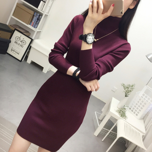高领毛衣女套头秋冬长袖修身针织连衣裙长款紧身黑色中长款打底衫