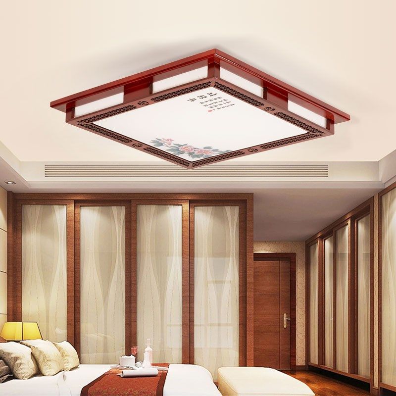 中式实木LED吸顶灯客厅卧室书房灯长方形红牡丹彩印吸顶灯木艺灯
