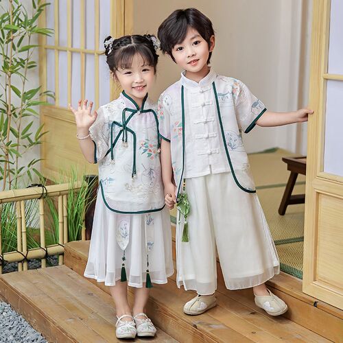 儿童汉服男童夏季短袖中国风唐装女童古装亲子装小学生民族演出服