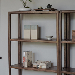 九间房三层器物架黑胡桃木实木茶室榻榻米禅意新中式置物收纳层架