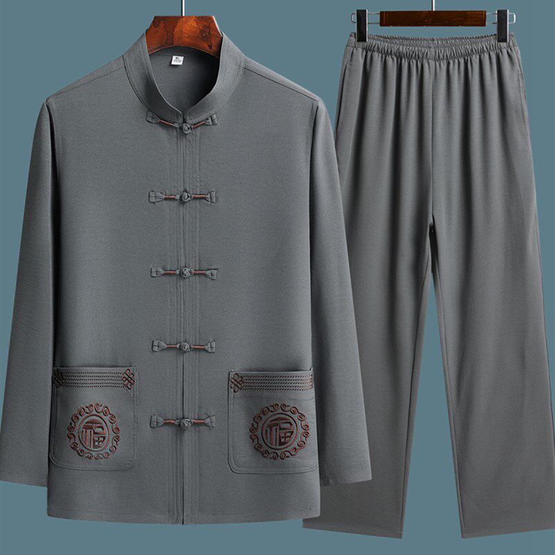 唐装男中老年爸爸装夏装长袖薄款套装60岁70爷爷装春夏老年人衣服