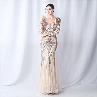 晚礼服女高级感公司年会晚会气质名媛主持人亮闪闪长袖长款连衣裙