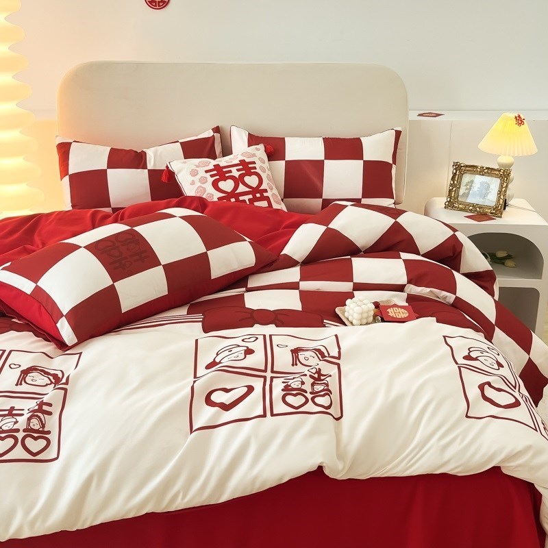 中式婚嫁婚庆四件套床单被套新婚结婚喜被大红色陪嫁婚礼床上用品
