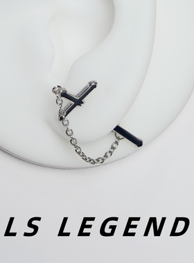 LS黑色十字架立体耳钉中性款镀银单只滴釉防过敏男女个性独特小众