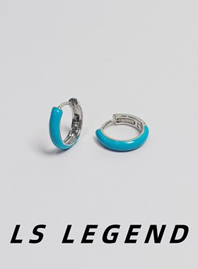 LS蓝色纹耳环镀银防过敏滴釉中性圆环耳扣男简约女小众高级感个性