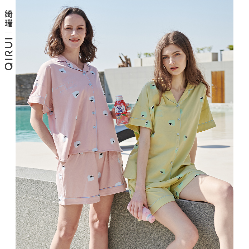 绮瑞夏季睡衣女弹力纯棉针织休闲短袖短裤开衫熊猫印花家居服套装