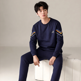 绮瑞男士休闲纯棉夹棉睡衣秋冬男圆领套头加厚空气棉夹层保暖棉袄