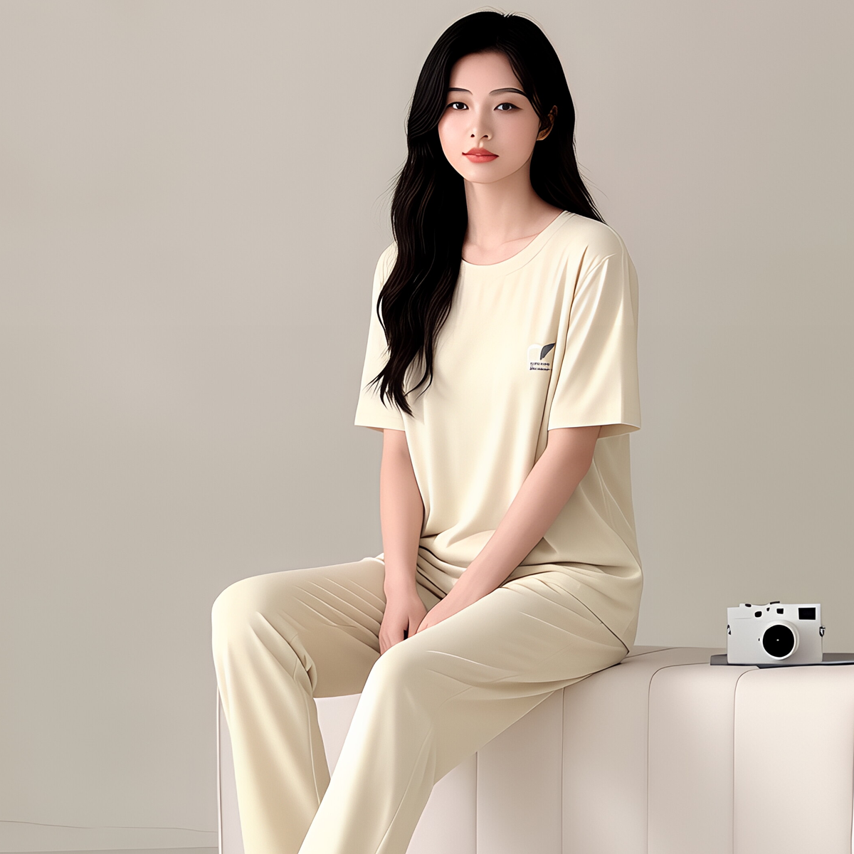 绮瑞26新品7A抗菌女短袖长裤春夏季莱赛尔睡衣带胸垫莫代尔家居服
