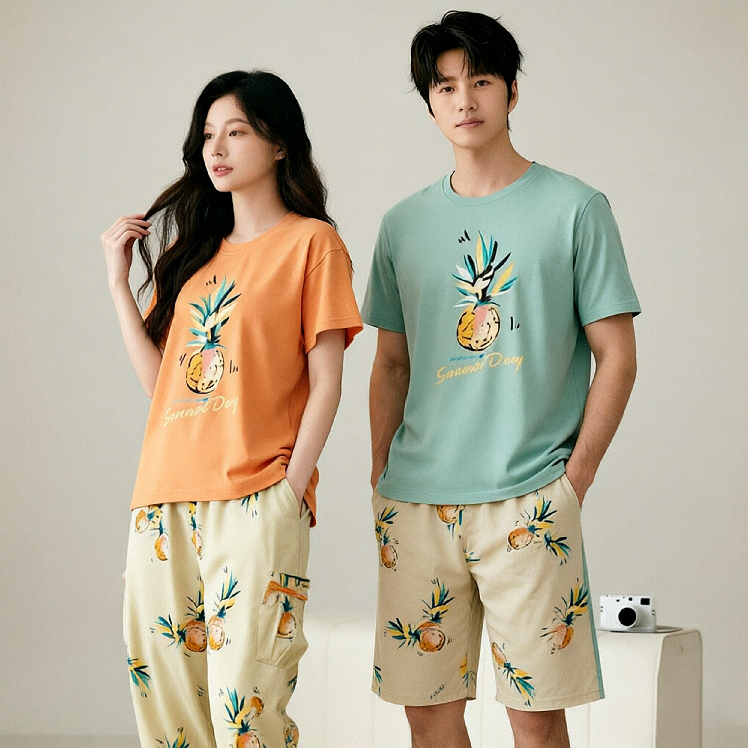 绮瑞夏季情侣睡衣短袖女夏七分裤纯棉睡衣休闲男夏款休闲圆领套装