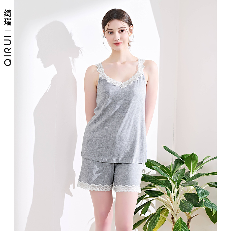 绮瑞女夏季莫代尔睡衣无袖背心短裤吊带套装带胸垫女夏性感家居服