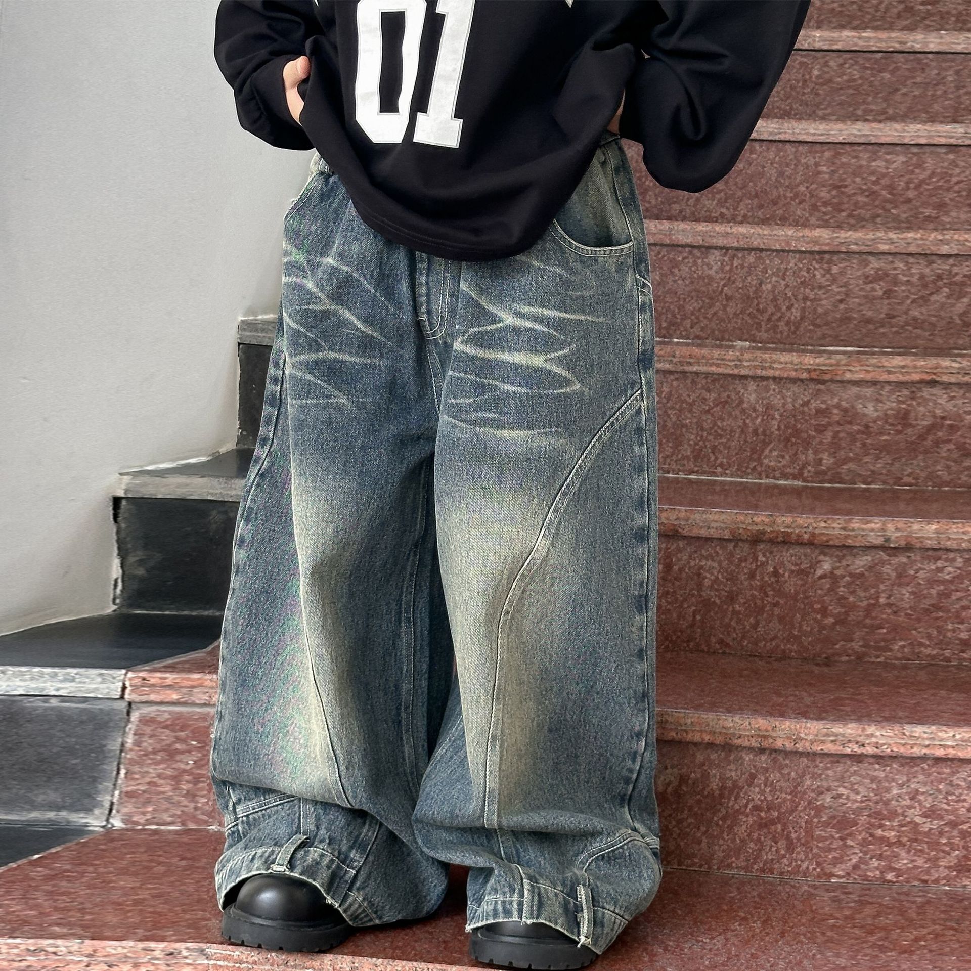 男童牛仔裤秋季美式高街小众长裤2025新款潮牌儿童微喇裤宽松