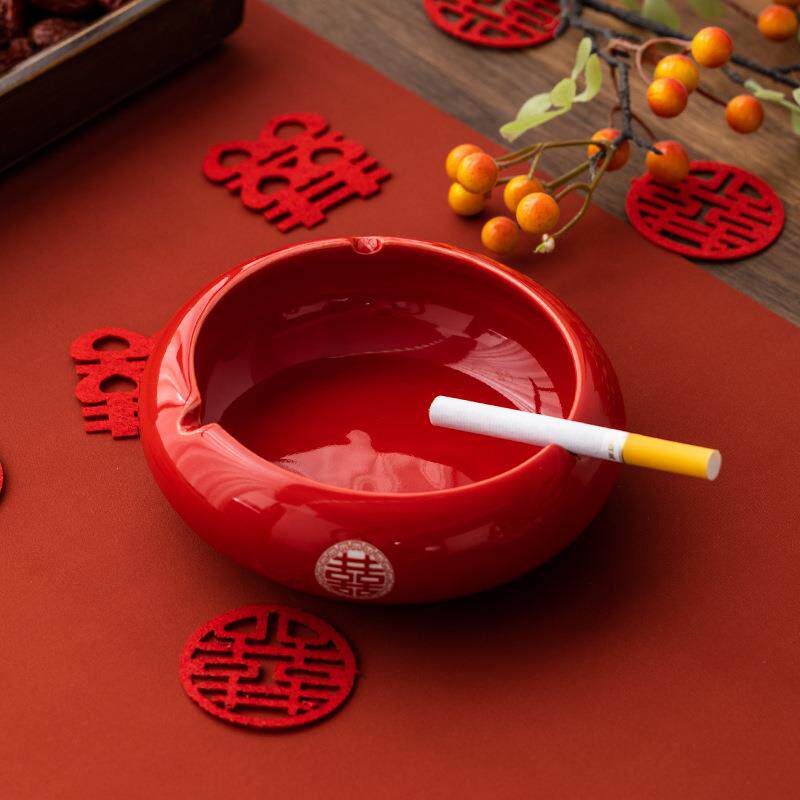 婚庆新房喜庆陶瓷烟灰缸家用双喜红色创意中式摆件水果盘水培盆