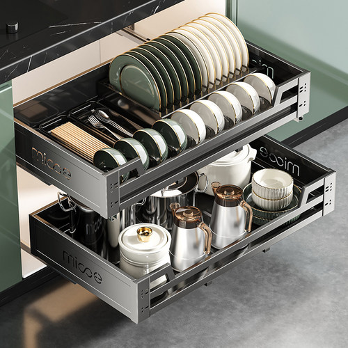 四季沐歌拉篮厨房整体橱柜304不锈钢双层抽屉式碗架收纳碟架整体