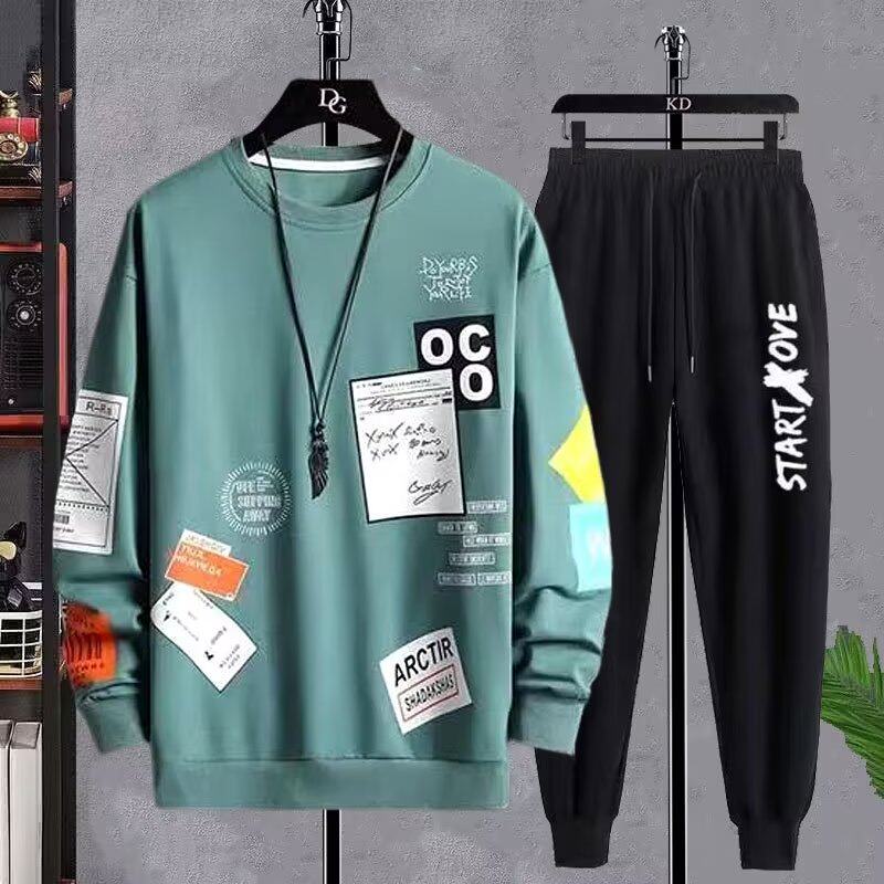 남성용 라운드 넥 풀오버 스웨트 셔츠 정장 봄 가을 청소년 및 학생 캐주얼 세트를위한 새로운 트렌디 한 루즈 2 피스 세트